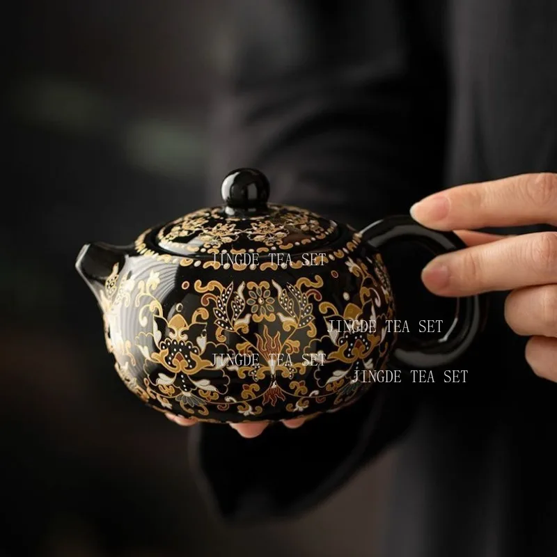 Chinese style Dunhuang Pattern Xishi Teapot, Black Ceramic Gold Floral Fire Motif Teapot, Traditional Chinese Kung Fu Tea Pot