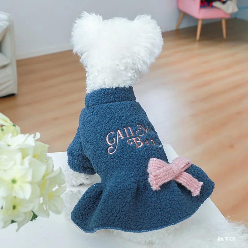 1PC Pet Apparel Cat Dog Autumn and Winter Plush Thickened Warm Blue Bow Princess Dress Suitable for Small and Medium sized Dogs