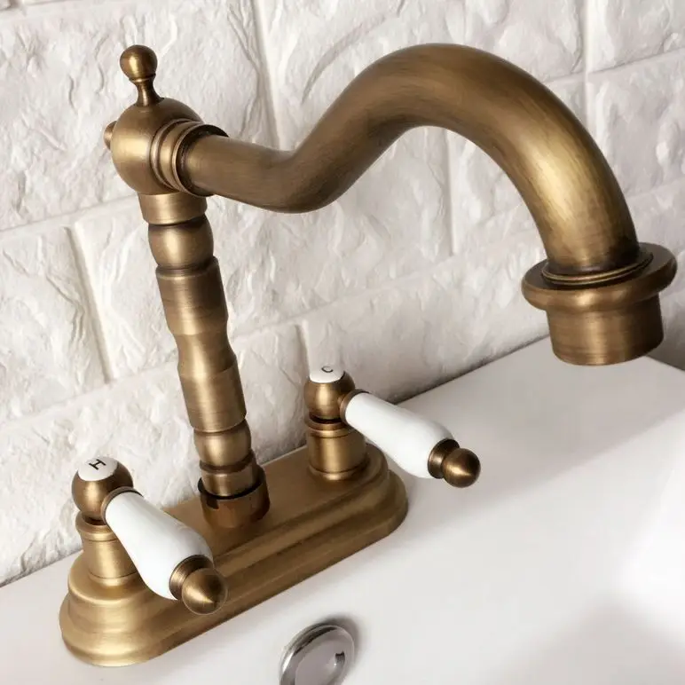 Vintage Retro Antique Brass Swivel Spout Kitchen Sink Faucet 2 Hole Bathroom Basin Cold and Hot Water Mixer Taps Dnfa7