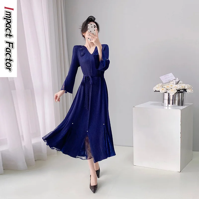 2025-otono-nuevo-estilo-extranjero-cinturon-tridimensional-flor-cuerno-manga-pesca-escala-dragon-vestido-plisado-ropa-de-mujer