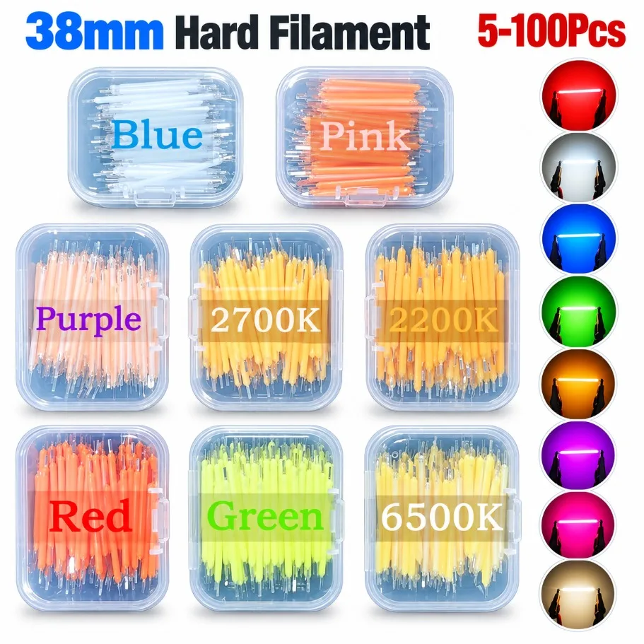 5‑100Pcs 38mm Hard LED Filament Bulb DIY Lamp Beads Multicolor 2200K 2700K 6500K Blue Red Green Pink Purple for Home Decoration