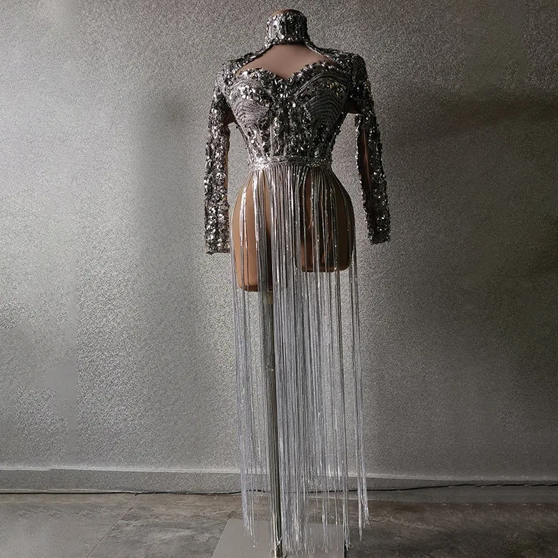 لامعة الماس شرابة الاجتماع السنوي المضيف بار ملهى ليلي أداء الملابس مثير فستان بكم طويل Vestidos De Boda Para Fiestas