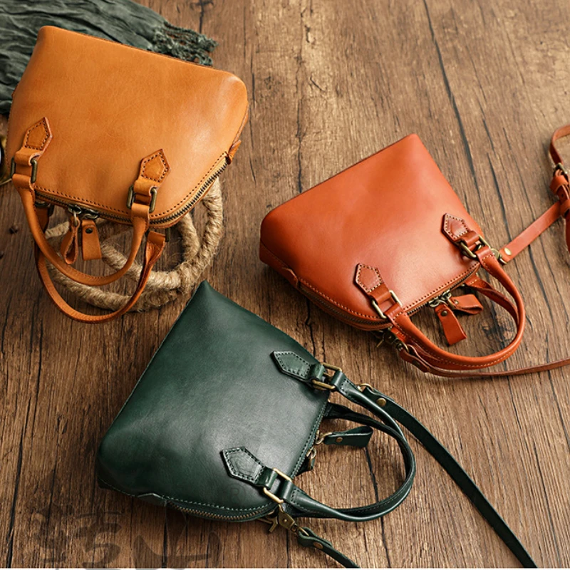 Vintage Genuine Leather Shell Handbag Solid Color Zip Large Capacity Purses Clutch 2024 New Spring All-match Bolsos Mujer