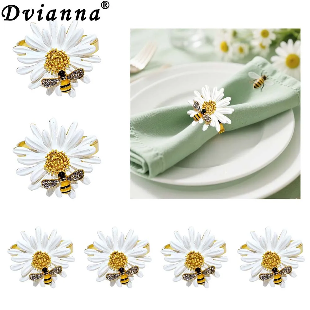 6Pcs Bee Daisy Sunflower Napkin Rings Farmhouse White Flower Napkin Ring Holders for Dinning Table Everyday Family Gatherings
