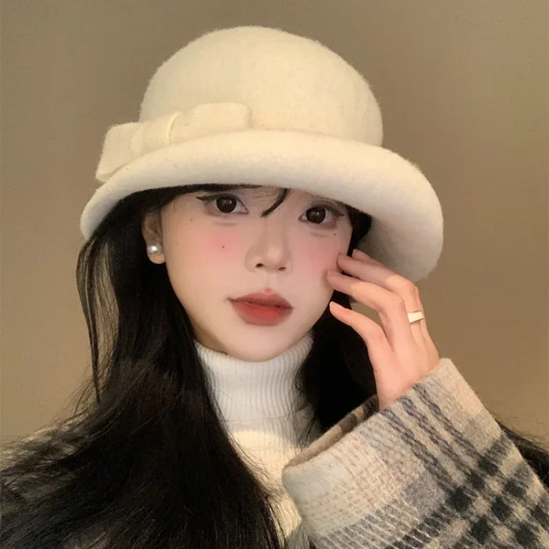 French Elegant Bow Strap Wool Bucket Hats for Women Show Face Small Winter Casual Warm Versatile Retro Curled Celebrity Top Cap