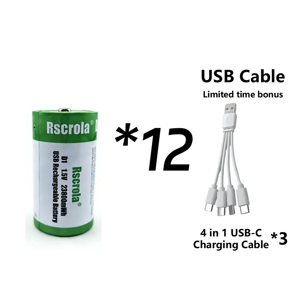 1.5V 23800mWh D-cel batterijen Oplaadbare D-batterijen met oplaadkabel voor gasfornuis, waterverwarmer, zaklamp, radio, gereedschap, speelgoed