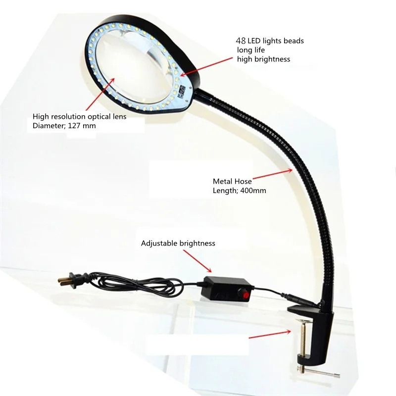 

5X 8X 10X Optional Magnifying Glass Lamp 2 in 1 Lighted Magnifier Lamp Adjustable LED Light Hands-free Loupe Flexible Arm