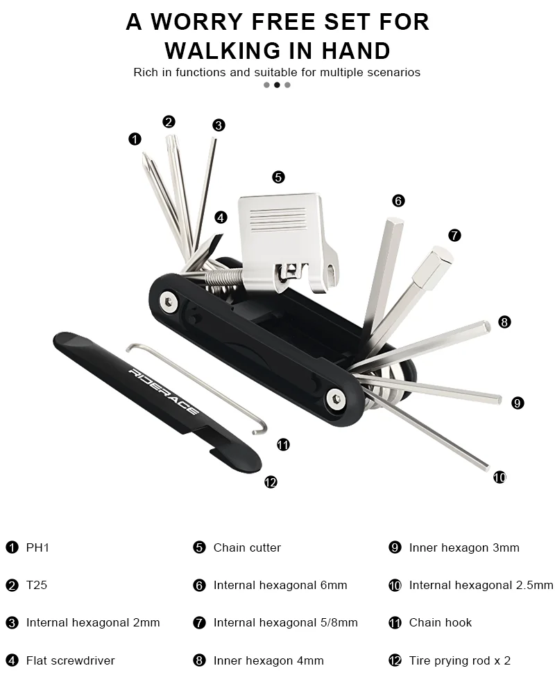 12 In 1 Bicycle Repair Tool Chain Splitter Cutter Hex Spoke Wrench Tyre Lever Portable Bike Wrench Screwdriver Repair Multitool