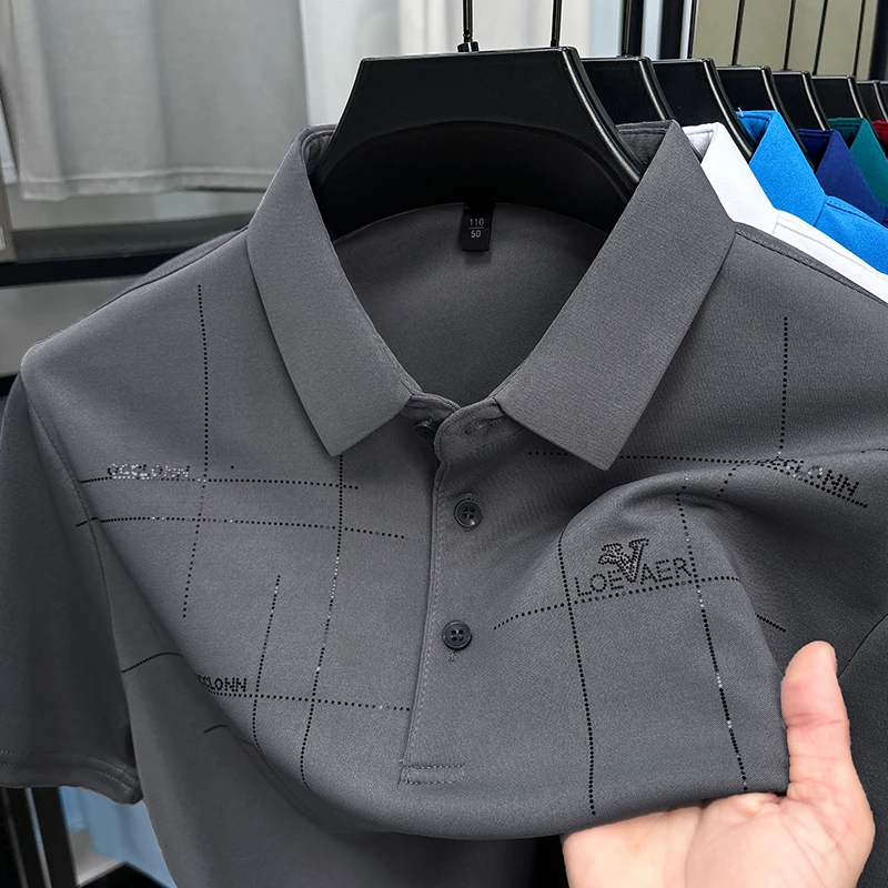 New Summer Trend High Elastic Men Lapel Polo Short Sleeve Breathable Casual Cool Solid Color Golf Business Designer T-shirt Top
