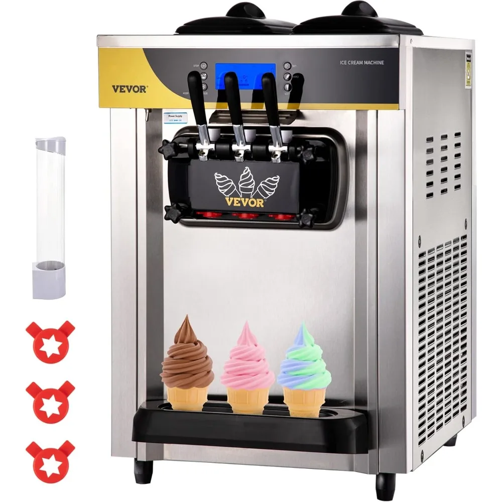 

Commercial Ice Cream Maker，2200W Countertop Soft Serve Machine w/ 2x6L Hopper 2L Cylinder LCD Panel Puffing Shortage Alarm