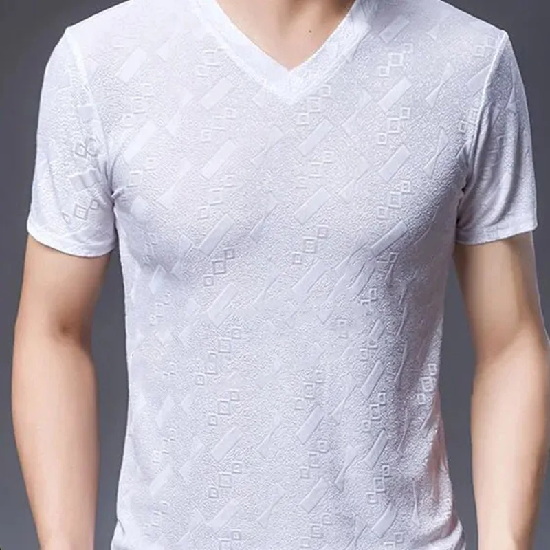 Summer Handsome Men\'s Wear Loose Casual IrregularT-shirts for Men Print Polyester Elegant Fashion V Neck Short Sleeve Chic Tops