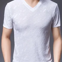 Summer Handsome Men's Wear Loose Casual IrregularT-shirts for Men Print Polyester Elegant Fashion V Neck Short Sleeve Chic Tops