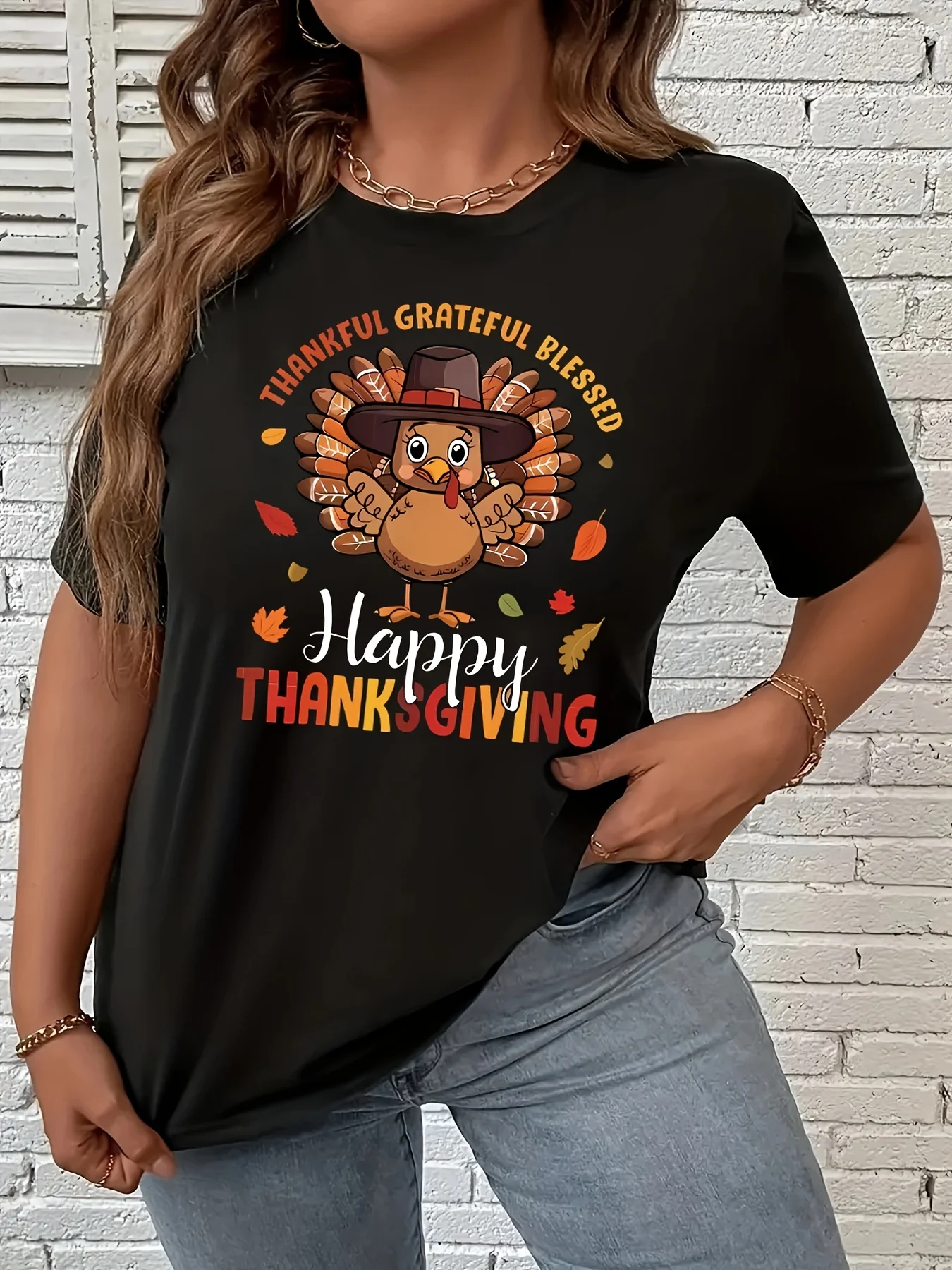 Thanksgiving Turkey Graphic Print T-Shirt for Women - Casual Polyester Knit Fabric, All-Season Comfort, Round Neck, Medium Stretch, Alphabet Pattern Design - For Women - Suitable for Casual Wear, Thanksgiving & Fall - Perfect Gift for Family & Friends