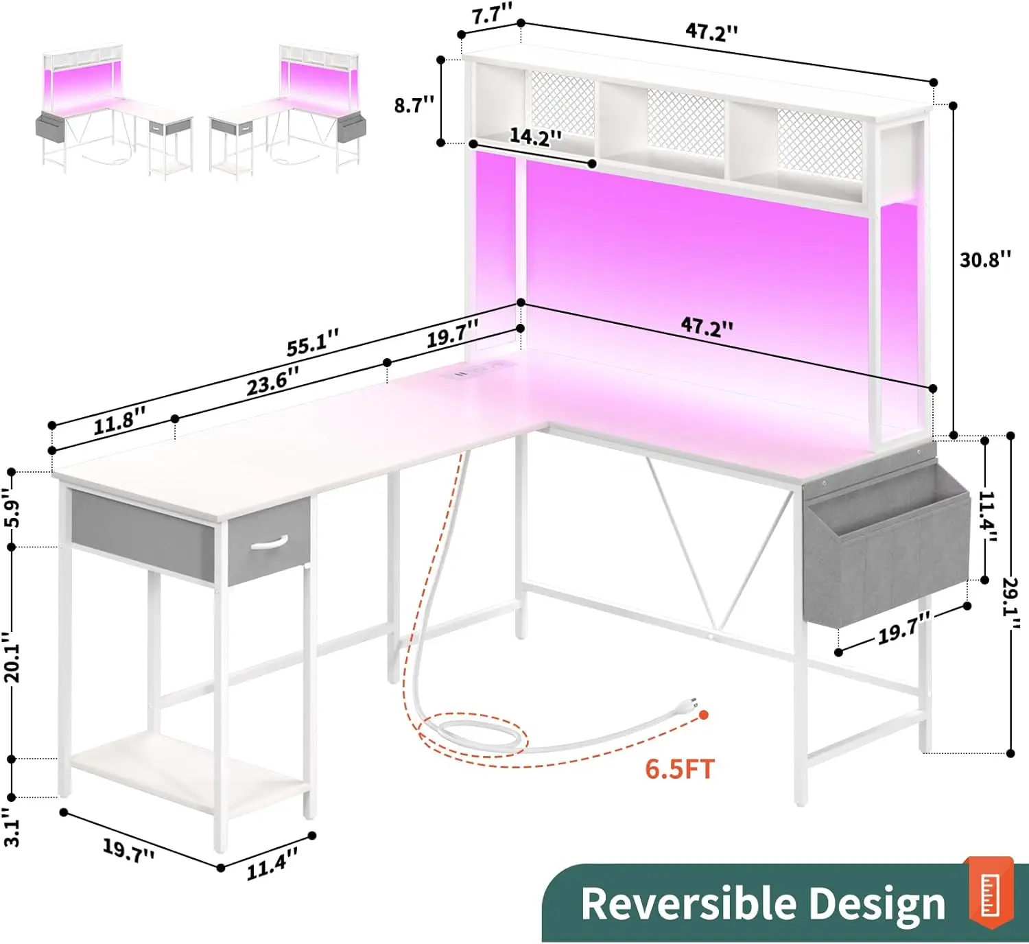 Yoobure Escritorio para juegos en forma de L con tira LED y toma de corriente, escritorio para computadora reversible en forma de L con estante de almacenamiento