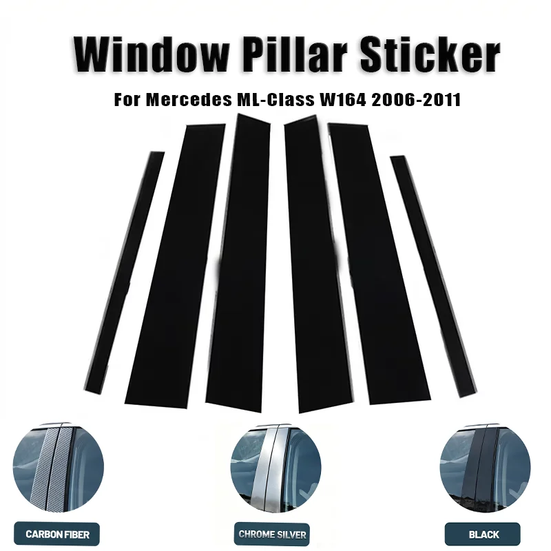 Pour Mercedes ML-Class W164 2006-2011, garniture de protection décorative extérieure pour les vitres des portes, montants B et C, 6 pièces, noir brillant