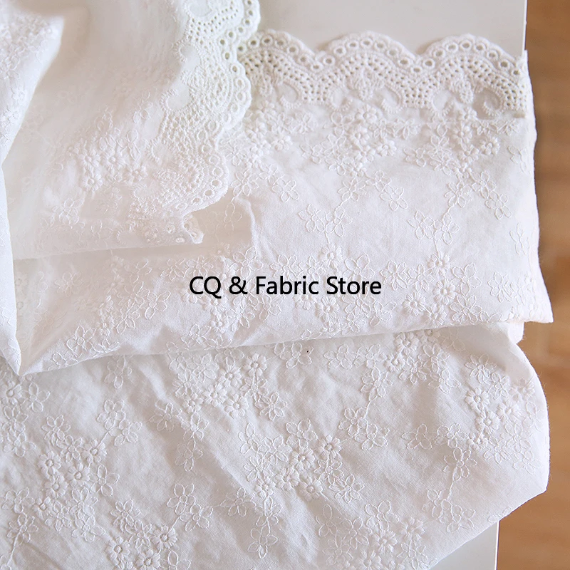 White Small Flower Embroidery Pure Cotton Cloth Handmade Clothing Fabric DIY Skirt Home Decorative Cloth