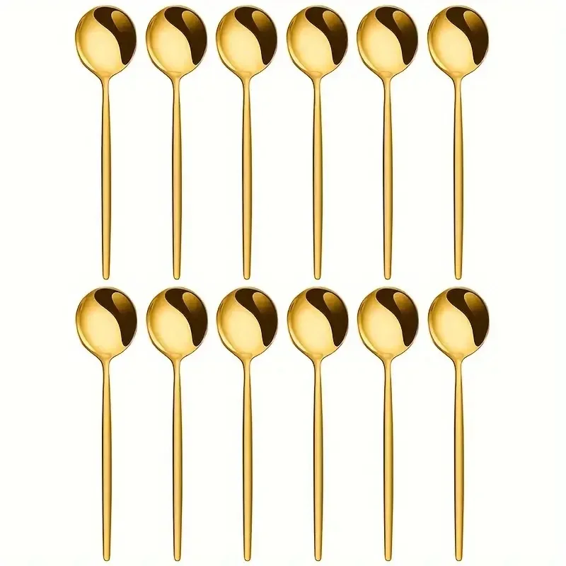 12-Piece Golden Stainless Steel Dinner Spoons Set, Dessert Serving Spoons, Dishwasher Safe for Home Kitchen & Restaurant