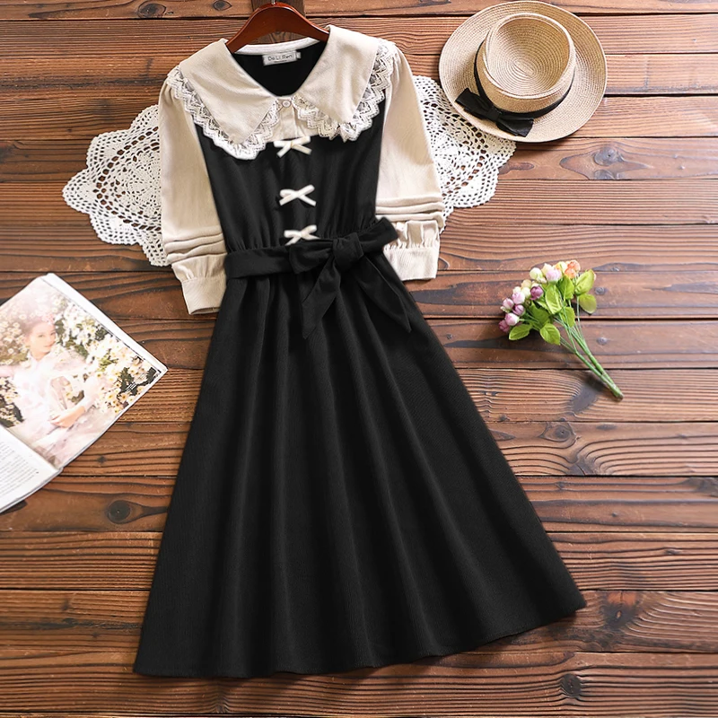 Mori girl elegant corduroy dress new winter fashion long sleeve women sweet vestidos