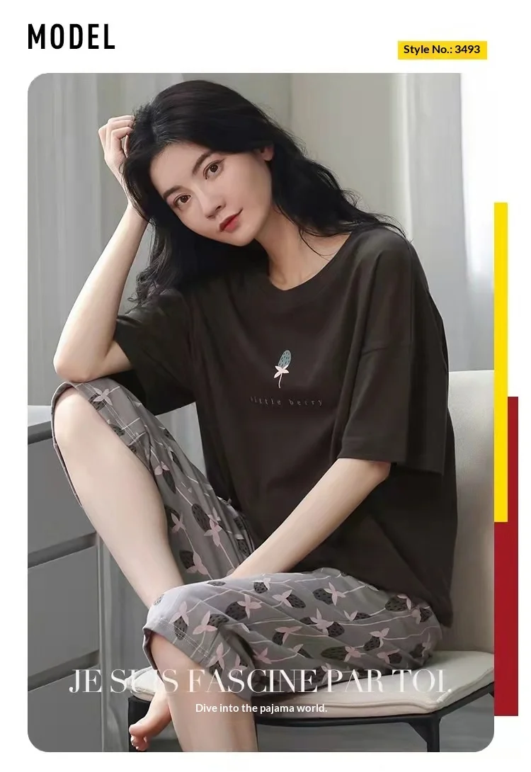 Damen-Sommerpyjama: Kurzarm, 3/4-Länge Hose, Pullover, Rundhals, Bedruckt, Frühling/Herbst-Stil, Übergrößen-Pyjama-Set – Detail 4