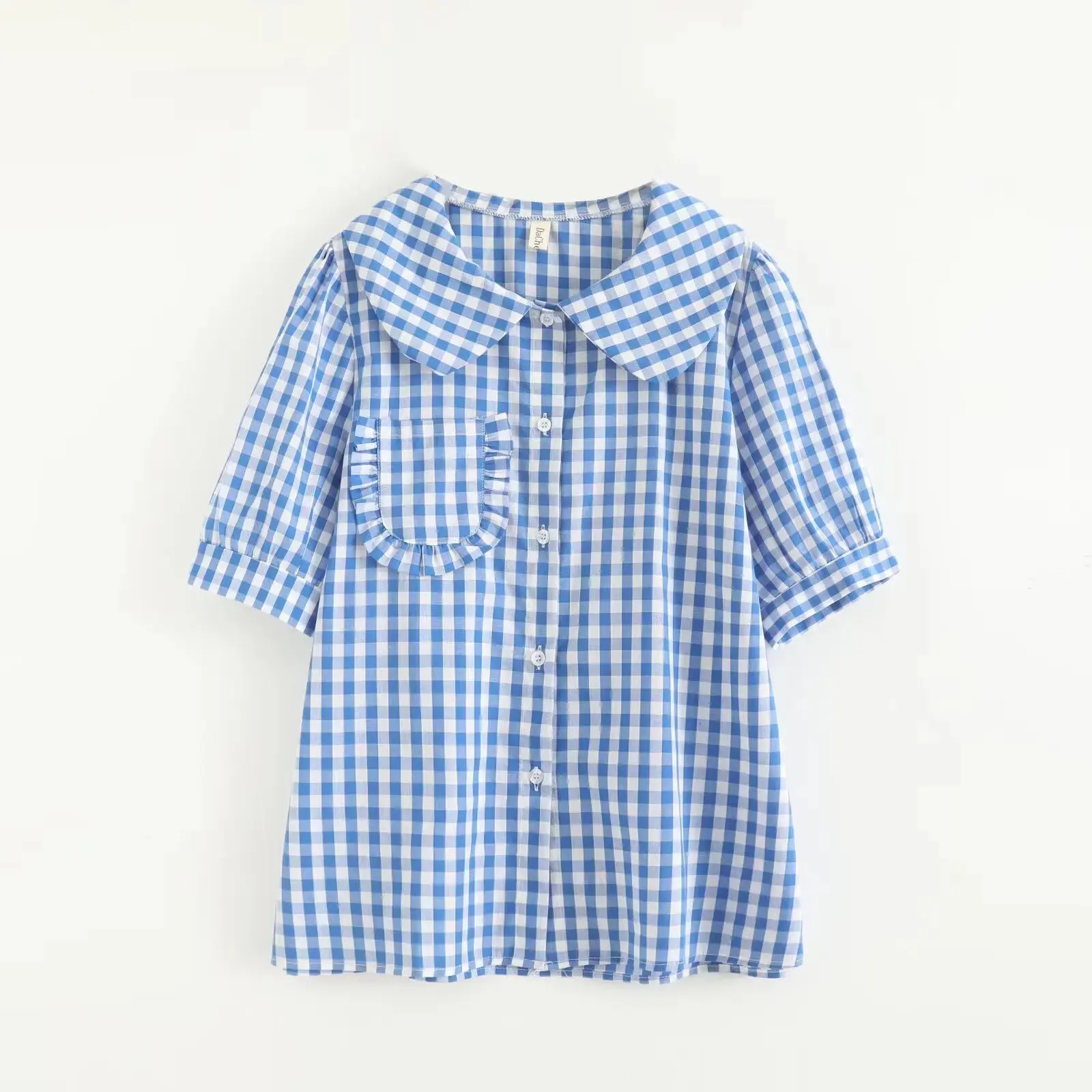 

Summer High Quality Cotton Blouse Sweet Women Short Sleeve Peter Pan Collar Plaid Tops Girl Preppy Style Blouses