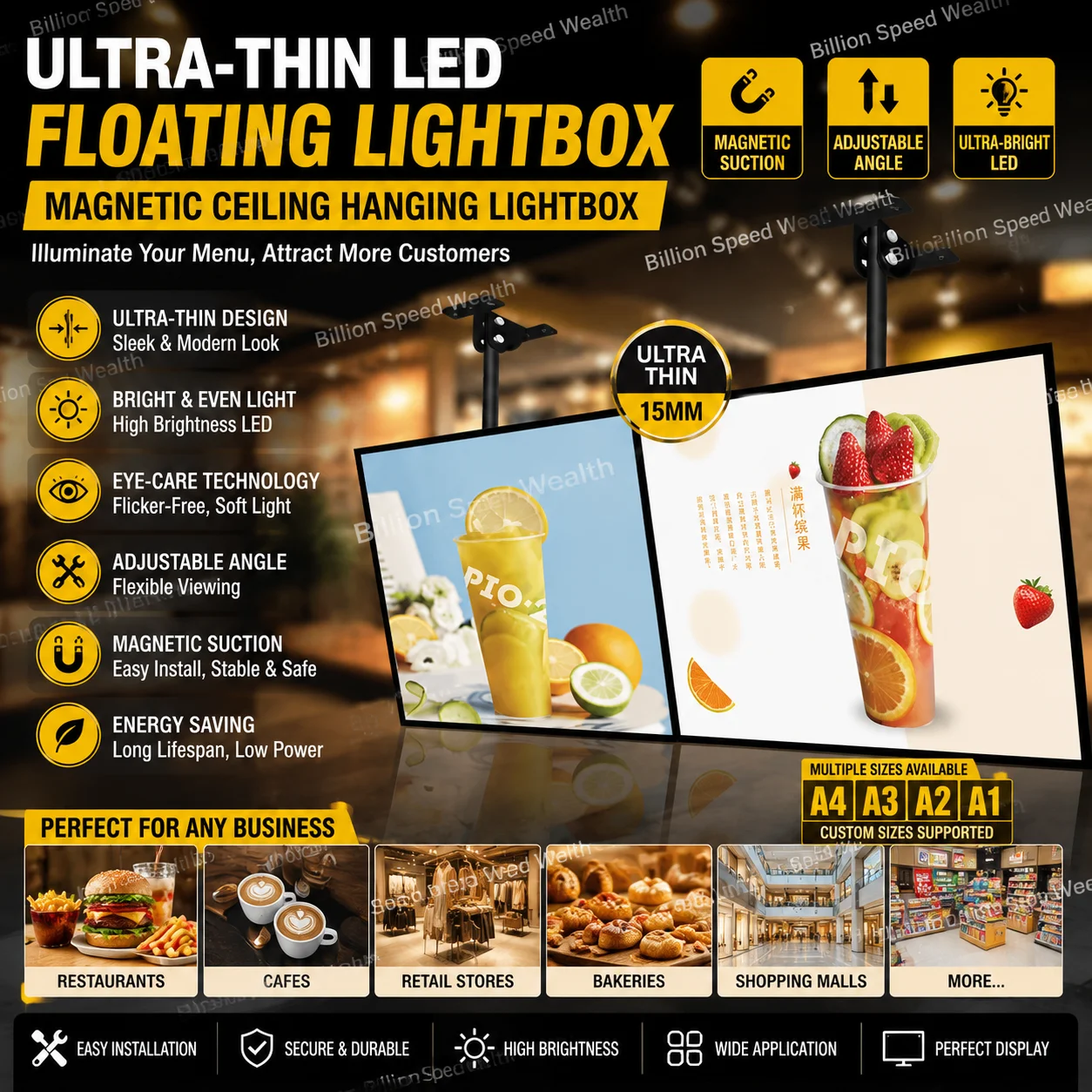 Illuminated Ultra Super Thin Slim LED Floating Light Box Led Menu Board Magnetic Ceiling Hanging Light Box for Restaurant Shop