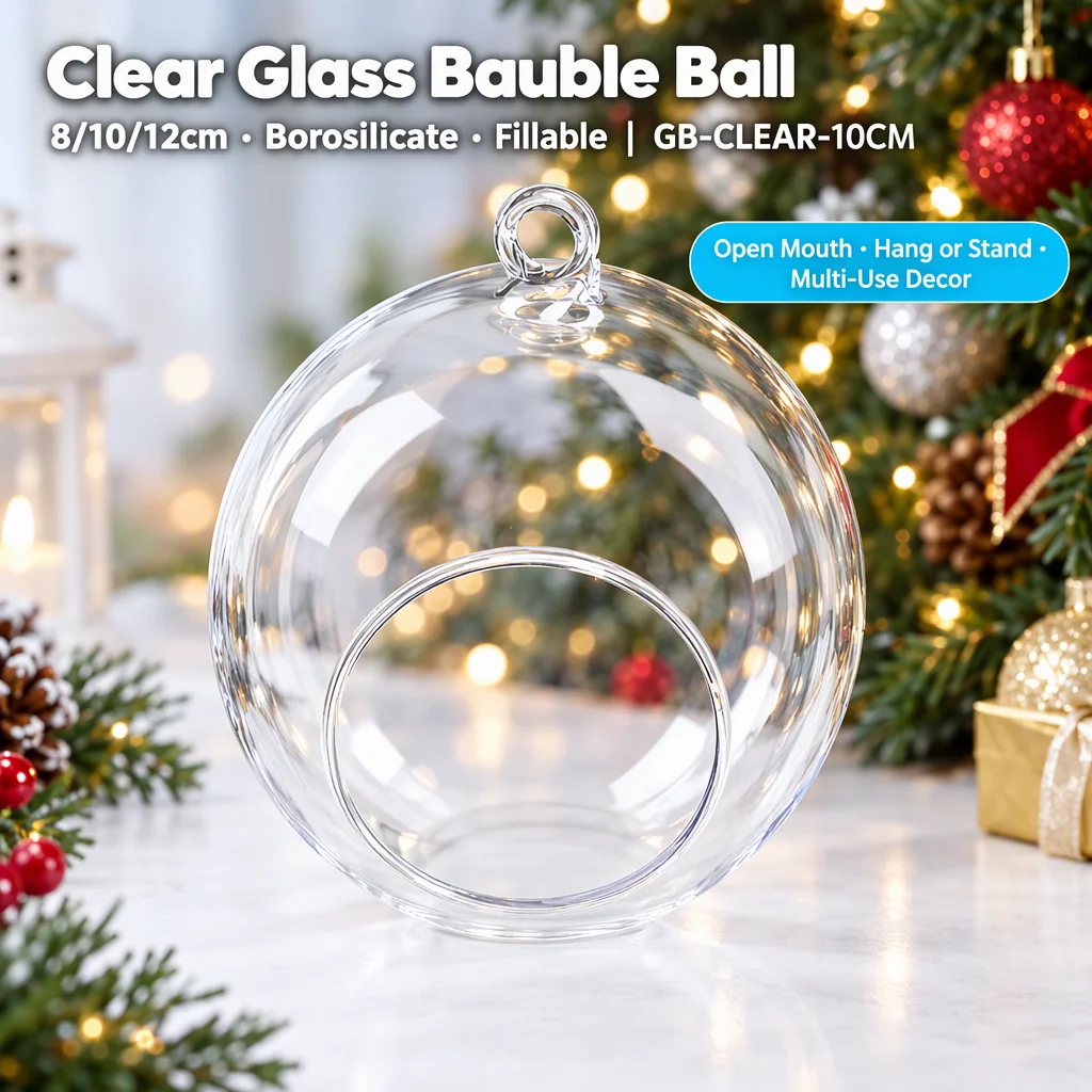 Christmas Clear Glass Ball Vase Hanging Ornament Container 8/10/12cm Flat Bottom Xmas Tree Decor Party Terrarium