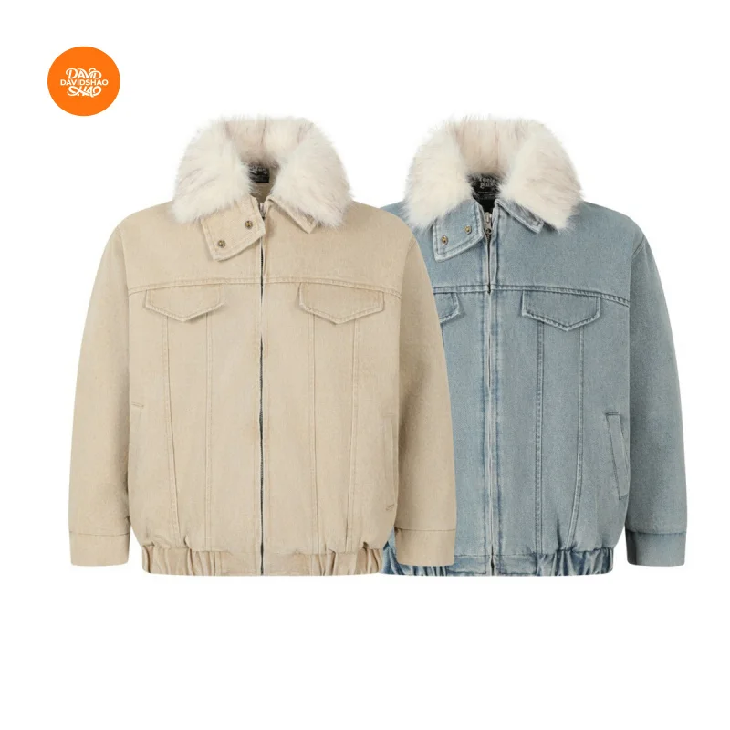 

DAVIDSHAO Европейский размер США, высокое качество, уличная мужская зимняя куртка-бомбер с горным меховым воротником, мотоциклетная джинсовая стеганая куртка-бомбер