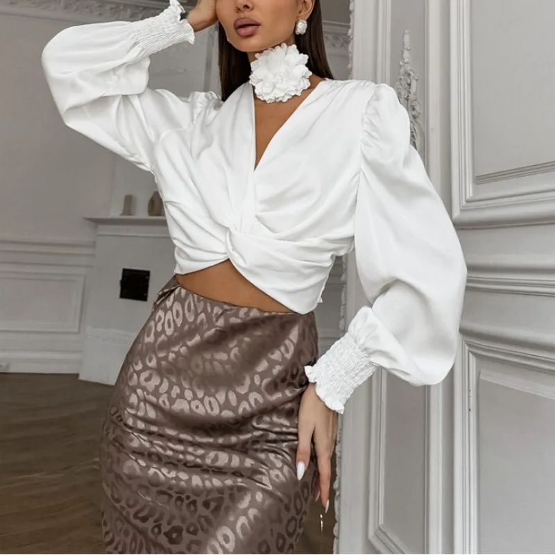 Chic Sweet Ruffle Twisted Pleated Long Sleeve Deep Deep V Neck Blouse Elegant French Fashion Sexy Shirt Spring Autumn Women Top