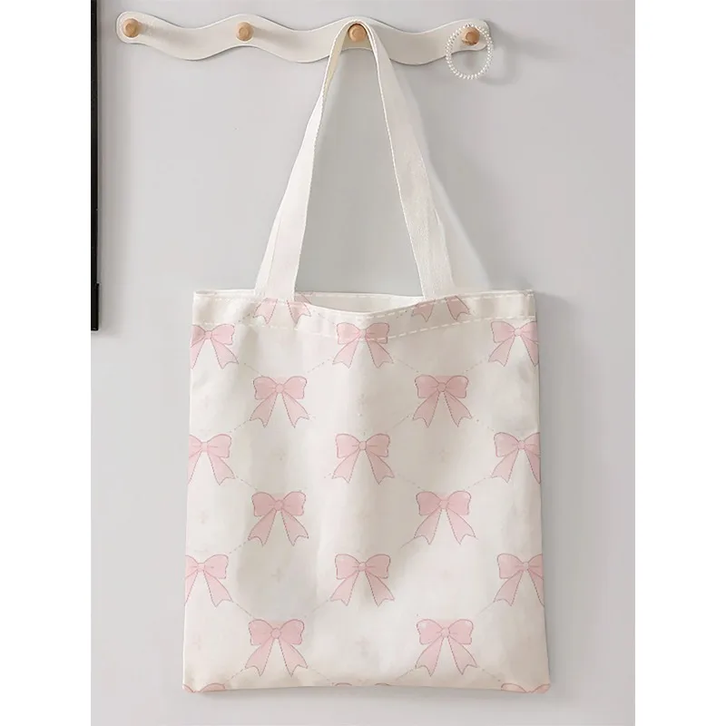 

Bow Pattern Printed Casual Handbag, Reusable Fashionable Backpack, Multifunctional Handbag, Canvas Shopping Bag
