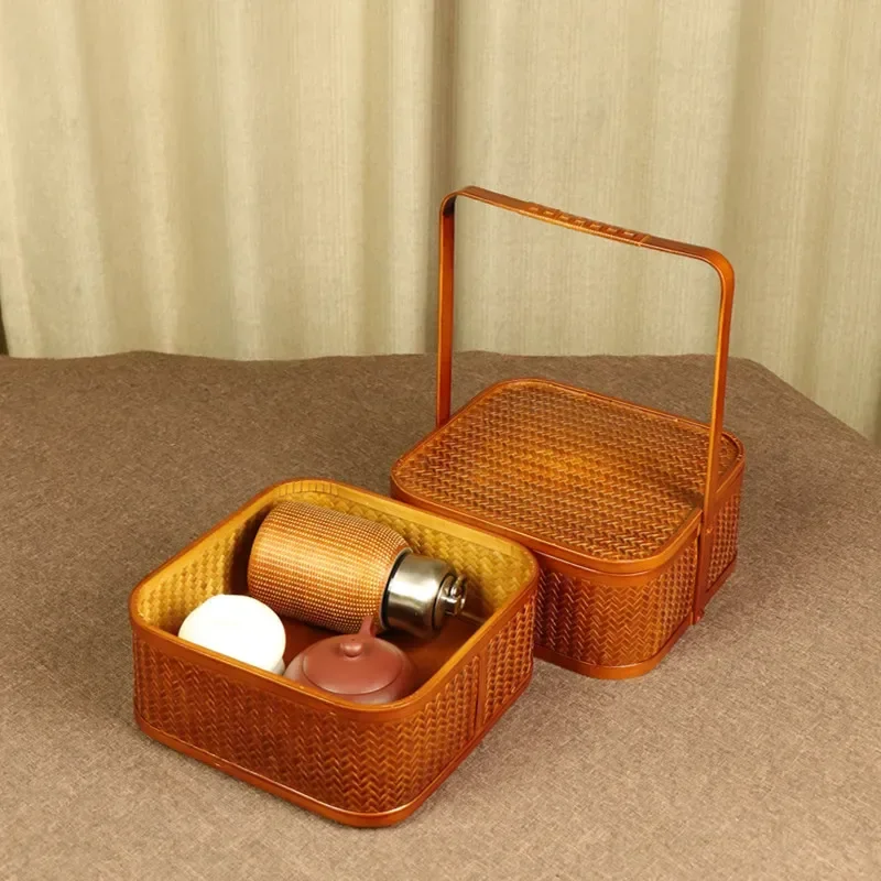 Fine Strip Weaving Double Layer Bamboo Storage Basket Lacquer Ware Multi Tier Food Box Dim Sum Mooncake Gift Tea Set