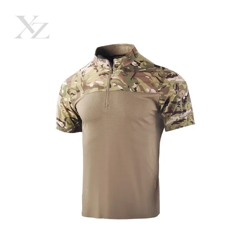 Men's Camo Tactical Frog T-Shirt Short Sleeve Quick Dry Stand Collar Breathable Combat Top Outdoor Hiking Training