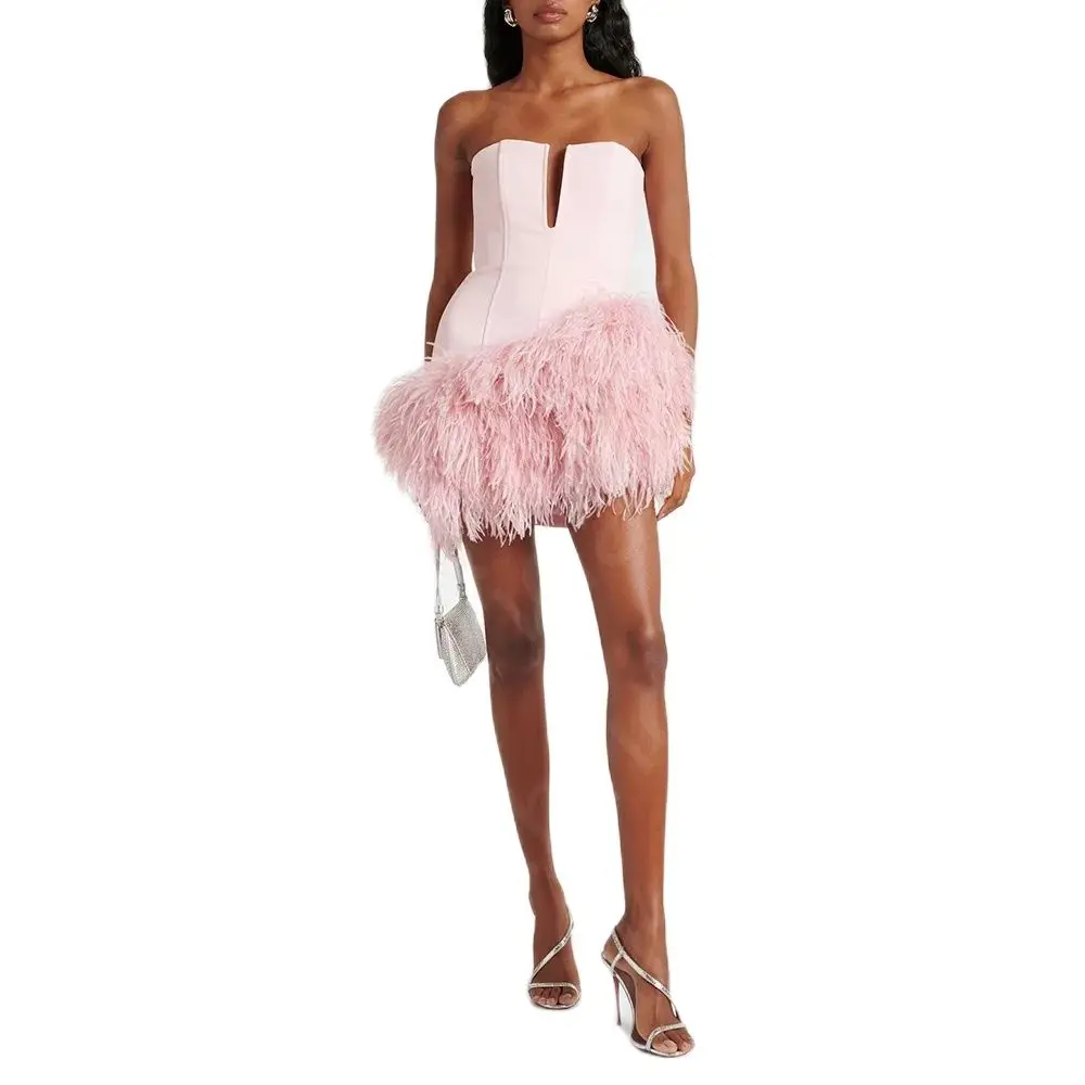 New Sexy Feather Dress Short Mother Dress 2024 Pink Mini Length Mother of the Bride Gown Sleeveless Wedding Party Dresses Luxury