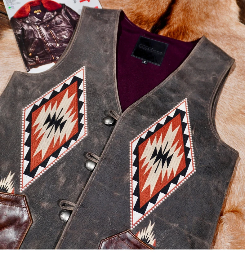 خياط براندو الأمريكية خمر نافاجو النمط الغربي المطرزة خمر سترة جلدية كلاسيكية للرجال #4