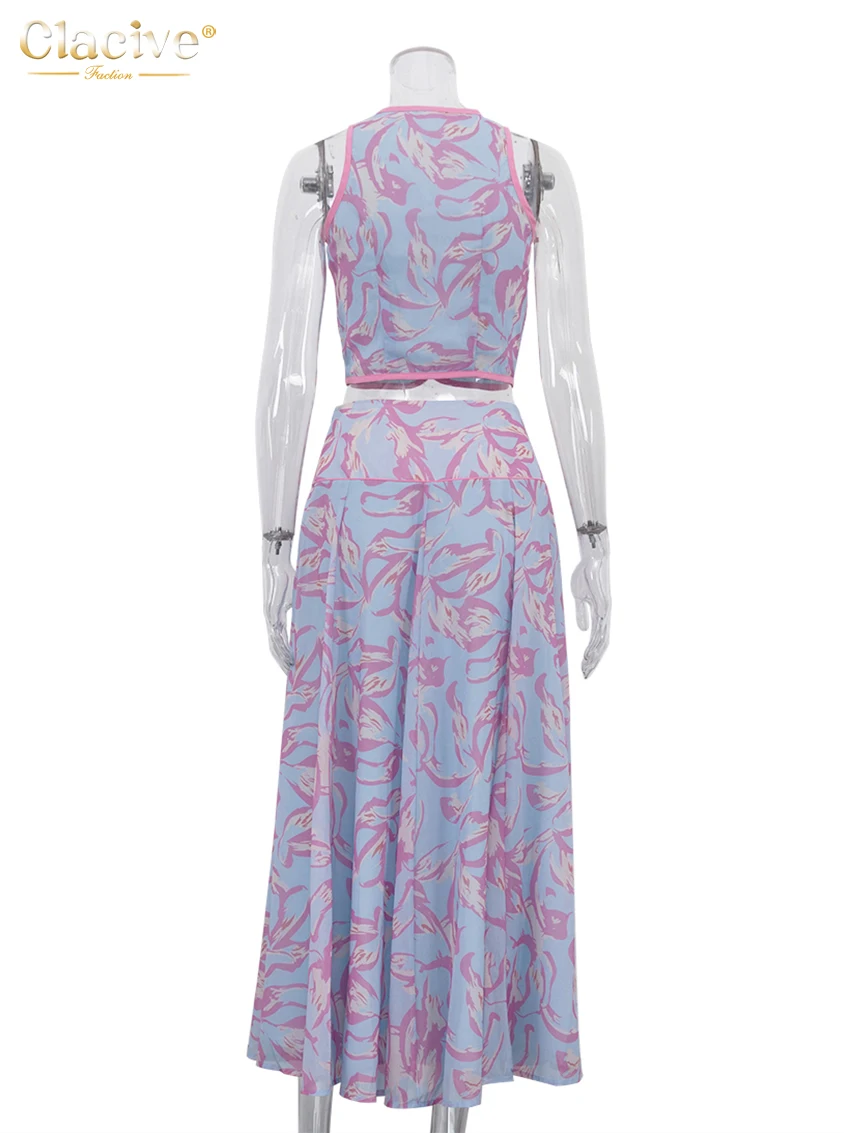 Clacive Summer Loose Print 2 Piece Set Women Fashion Sleeveless Tank Top With High Waist Pleated Long Skirt Set Female Clothing image 6