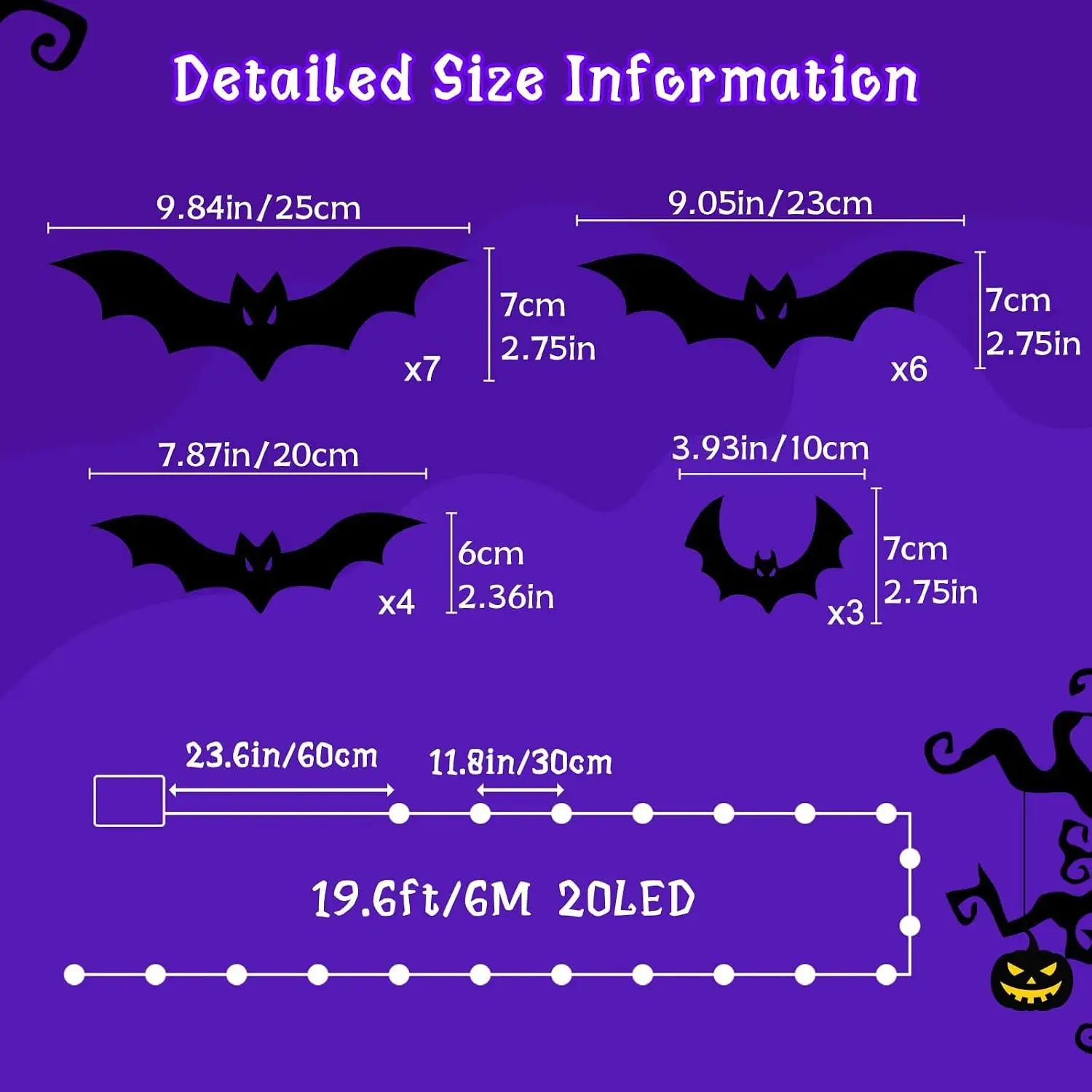 Halloween Bats String Lights Wall Decor 20 Packs Lighted Bats Stickers Timer Party Window Indoor Home Decoration, Customized