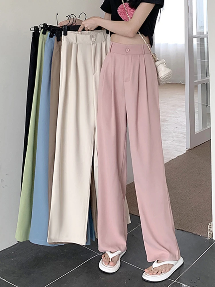 Jmprs Elastic High Waist Women Suit Pants Casual Loose Summer Straight Trousers Korean Simple Solid Female Pant