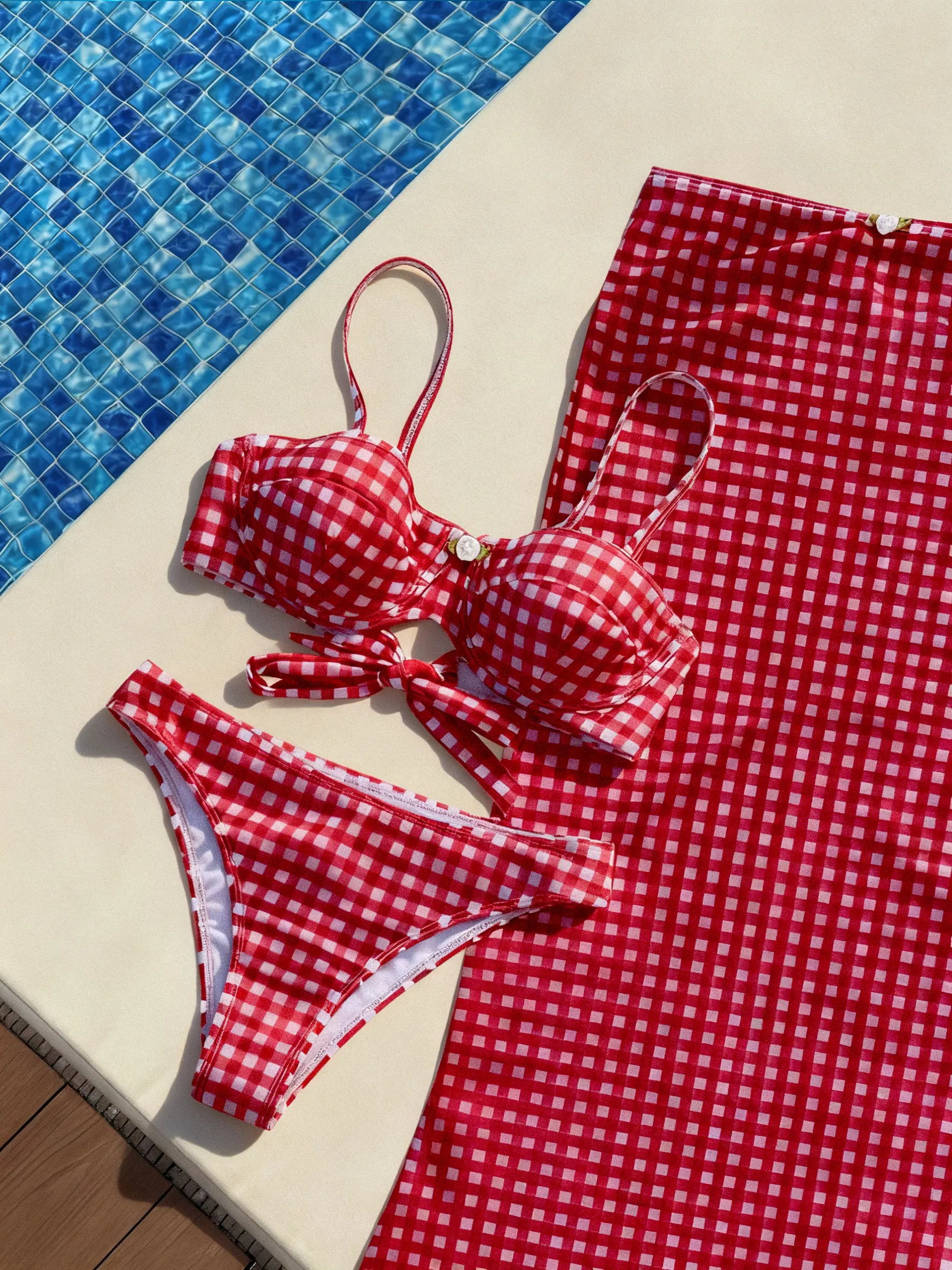 

2025 Trendy Vintage Swimwear Red Checkered Bikini with Sheer Cover-Up Skirt Lady Holiday Bath Suit Female Beachwear Outfits