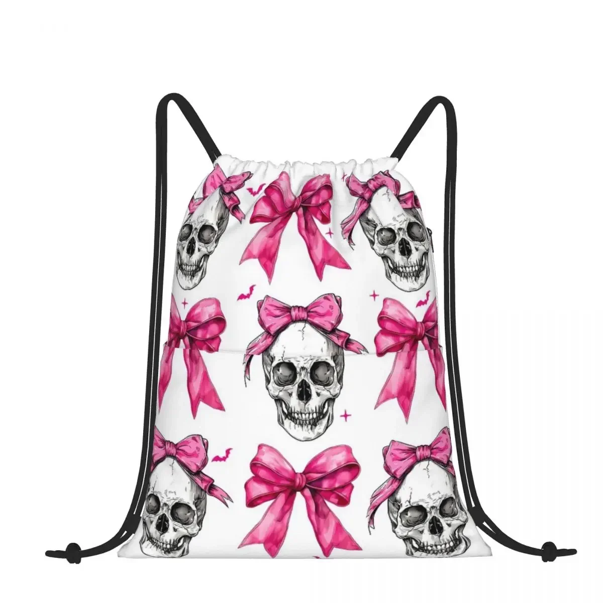 Mochila con cordón, coqueta de calavera rosa, lazo, murciélago, esqueleto de Halloween, bolso de hombro, bolsillo con cremallera, deportes, viajes, caminos, bolsa portátil