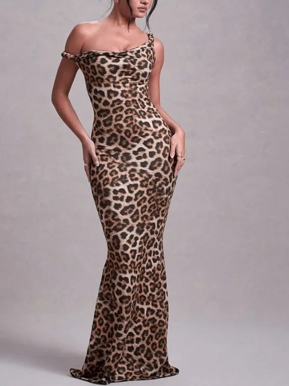 Été nouvelle grande taille une épaule imprimé léopard minceur enveloppement corps longue Dr femmes sangle Dr jupe Midi h-ape Sle