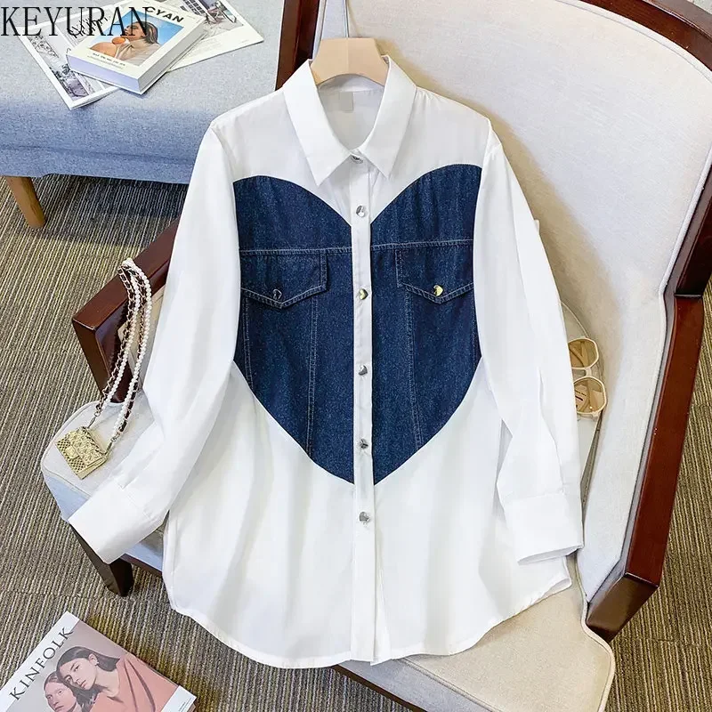 Denim Patchwork Short Sleeve Shirts Women Summer Oversized Shirt Fashion Loose Blouses Medium Length Thin Tops Women\'s Clothing