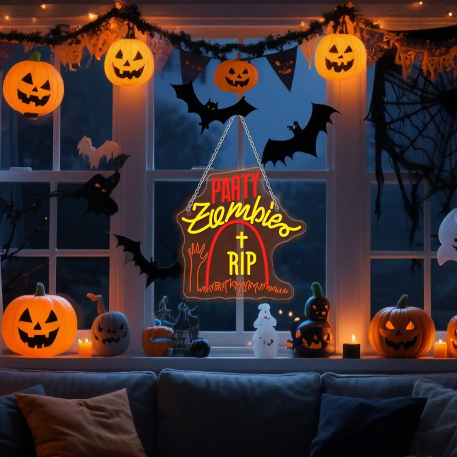 Zombie Tombstone LED Neon Sign for Wall Decor Halloween Party Lights Hanging for Room Decor Windows Doors Adjustable Brightness