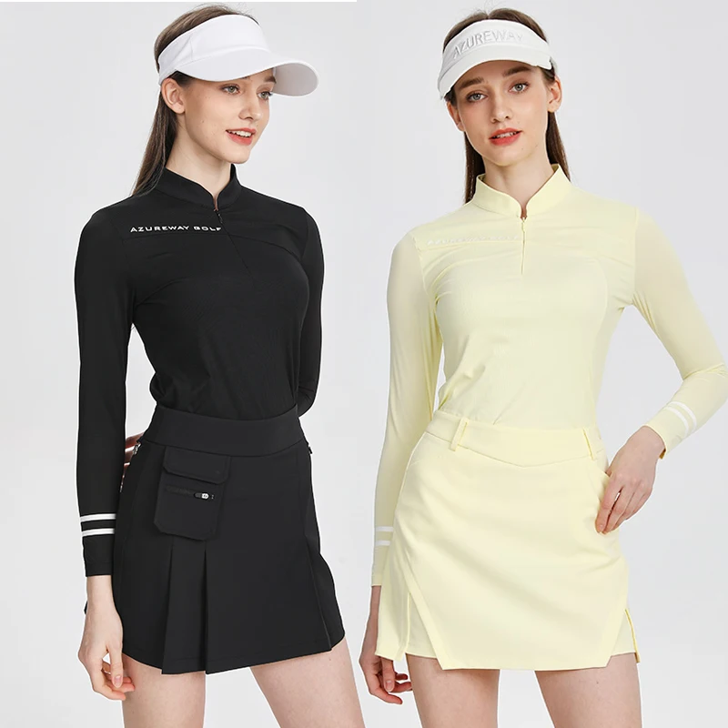 

AW Women Ice Silk Long Sleeve Shirt Sunscreen Slim Solid Tops High Waist Golf A-Line Skirt Lady Leisure Pleated Skort with Short