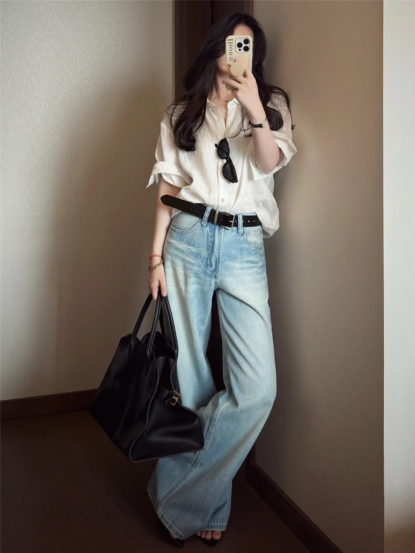 

Light Blue Wide Leg Straight Cut Jeans Women Summer Loose Drapey High Waist Extended Scratch Floor Casual Pants
