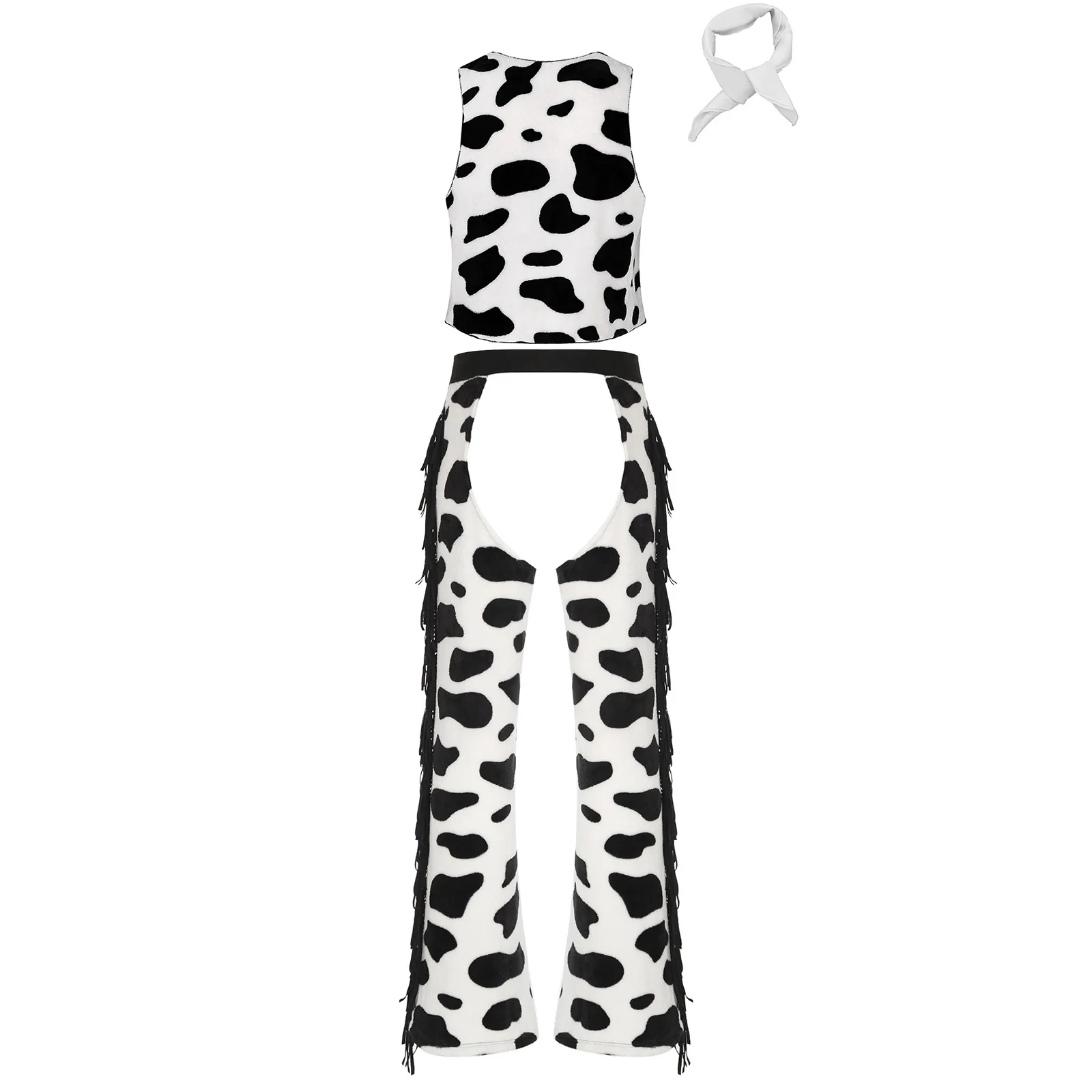 Mens Halloween Carnival Cowboy Cosplay Costume Outfits 3 Piece Cow Print Vest And Crotchless Long Pants And Bandanna Set view 4