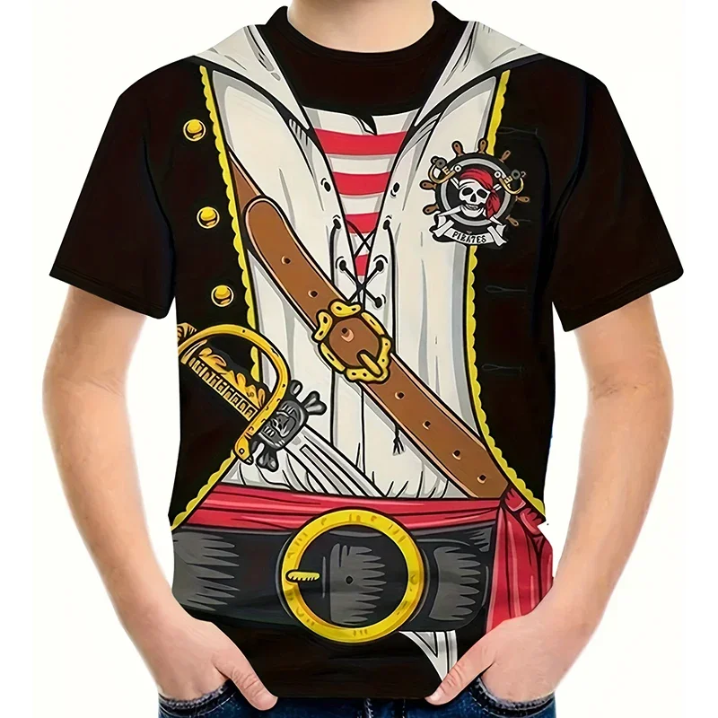 Pirate Role Playing T-shirt Boy Casual Pullover Fashion Cartoon Short Sleeve T-shirts Baby Boys Girls Tops Summer Kids T-shirt