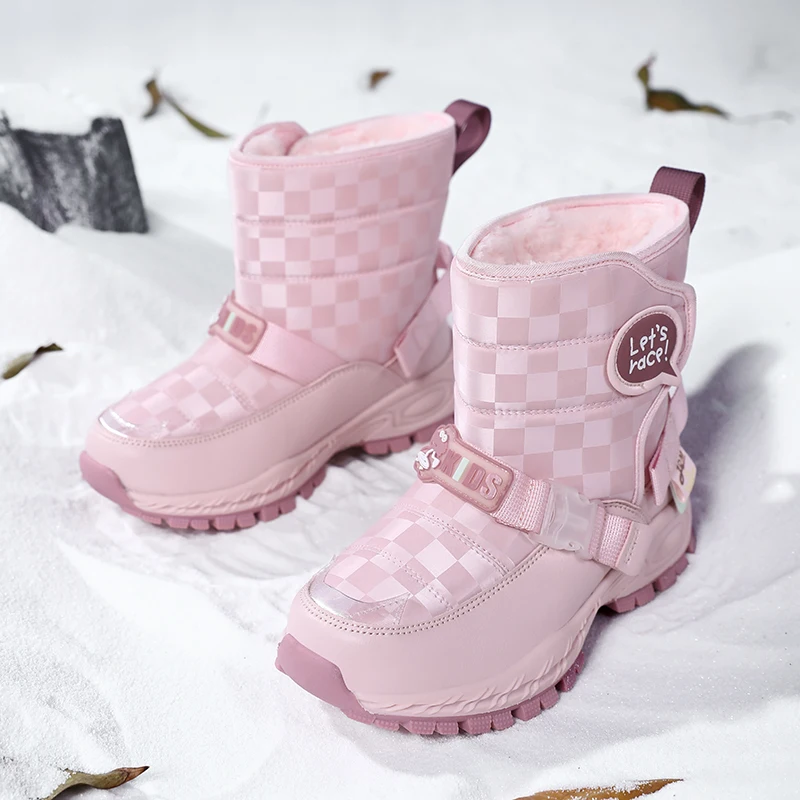 Zapatos de nieve antideslizantes con forro de felpa para niño y niña, botines planos impermeables, botas de nieve de piel duraderas para exteriores, Invierno