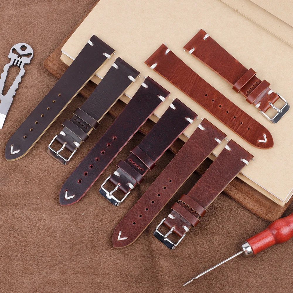 Genuine Leather Handmade Watchband 22mm Stainless Steel Buckle First Layer Cowhide Bracelet Band Watch Strap