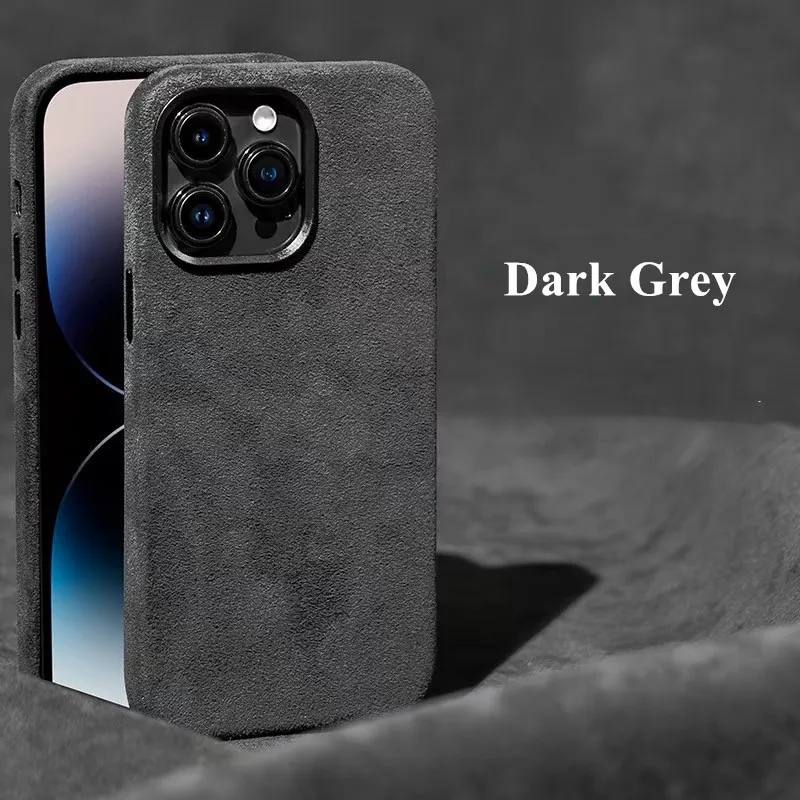 Premium donkergrijs lederen magnetische oplaadhoes voor iPhone 17 16 12 13 14 15 Pro Max 16 Plus High-end suède metalen knoppen Cover