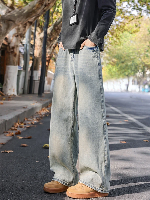 

Retro American Straight Leg Men's Jeans Spring Autumn Loose Wide Leg Pants High Street Vibe Long Jeans Wear Resistant