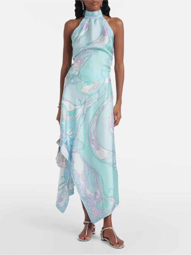 2025 جديد مطبوعة الساتان الرسن الرقبة عارية الذراعين تنورة غير النظامية قطعتين مجموعة عصرية عادية أكمام تنورة علوية مجموعة الإناث #2